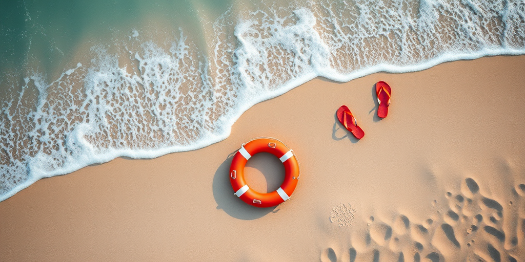 create an image of a sandy beach with a lifebuoy, flip-flops, and footprints leading to gentle waves, shot with a Canon EOS R5, aperture f/8, ISO 100, 24mm lens, top-down view, vibrant colors and high detail