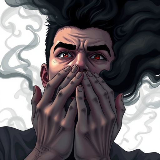 Illustration of a person with an intense expression, hands covering their mouth, surrounded by swirling black and white smoke, high contrast, using a Canon EOS R5, f/2.8, 50mm lens, shot from a low angle, portrait style, high dynamic range.