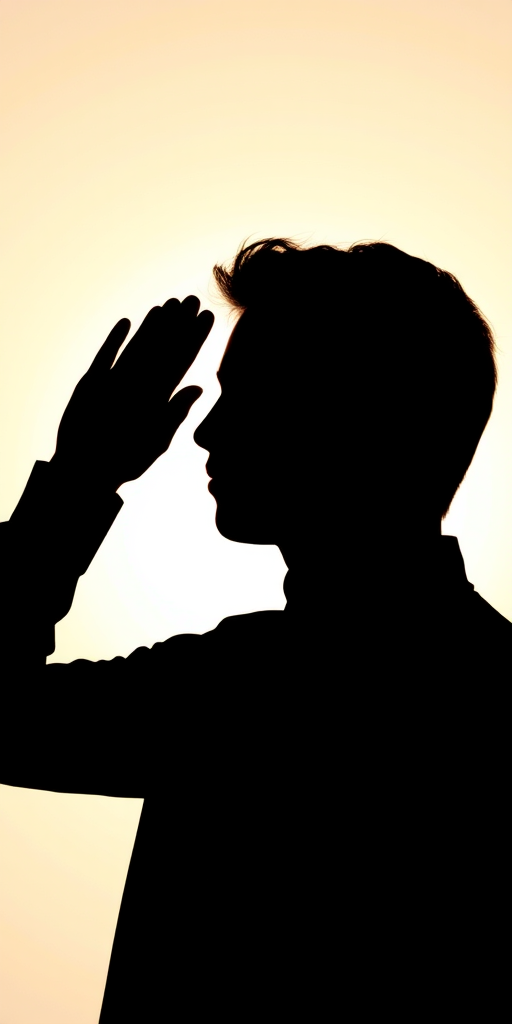 Create a minimalist silhouette of a person saluting, with soft lighting, high resolution, aperture f/2.8, shutter speed 1/60 sec, 50mm lens, portrait orientation, against a simple background to enhance contrast and clarity.