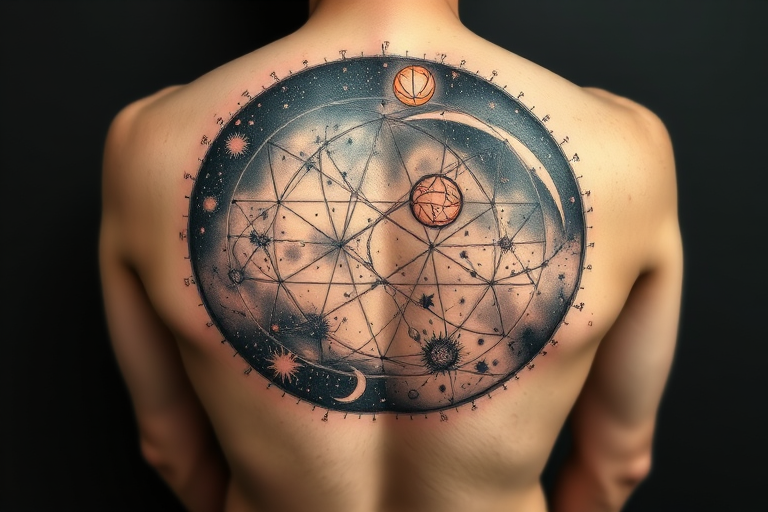 Intricate dotwork tattoo titled "Celestial Cartography" depicting a detailed star map of the night sky, with constellations connected by fine lines and celestial bodies rendered in meticulous stippling, incorporating subtle gradients to suggest depth and cosmic vastness, perfect for a full back piece