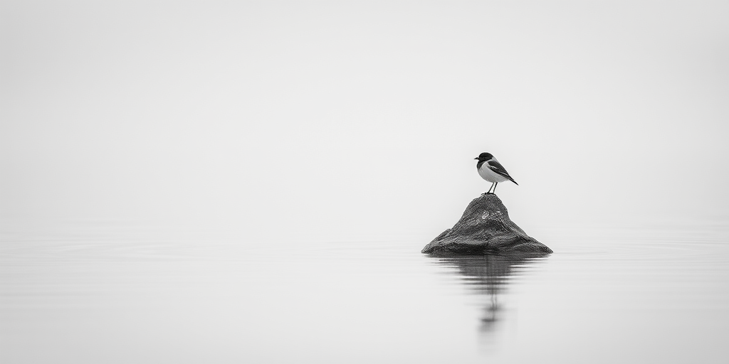 capture a minimalist black and white image of a solitary bird perched on a rock in calm water, using a Canon EOS R5 with a 50mm f/1.2 lens, aperture set to f/2.8, shutter speed at 1/250s, ISO 100, shot from a low angle to enhance reflections and depth.