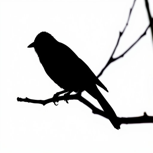 Generate a high-resolution image of a minimalistic black bird silhouette perched on a branch against a white background using a Canon EOS 5D Mark IV, 50mm lens, f/1.8 aperture, ISO 100, soft natural lighting, and shallow depth of field.