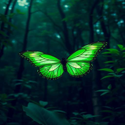 Generate an image of a large, luminous green butterfly in a lush, mystical forest with soft green light filters, using a 50mm lens, f/1.8 aperture, ISO 100, shot from a low angle for dramatic effect, in a high-resolution digital format.