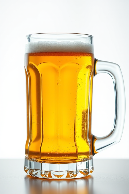 Create a high-resolution image of a clear glass mug filled with golden beer, using a DSLR camera set to f/2.8 aperture, 50mm lens, ISO 100, with a 45-degree angle view and soft natural lighting to enhance the details and reflections.