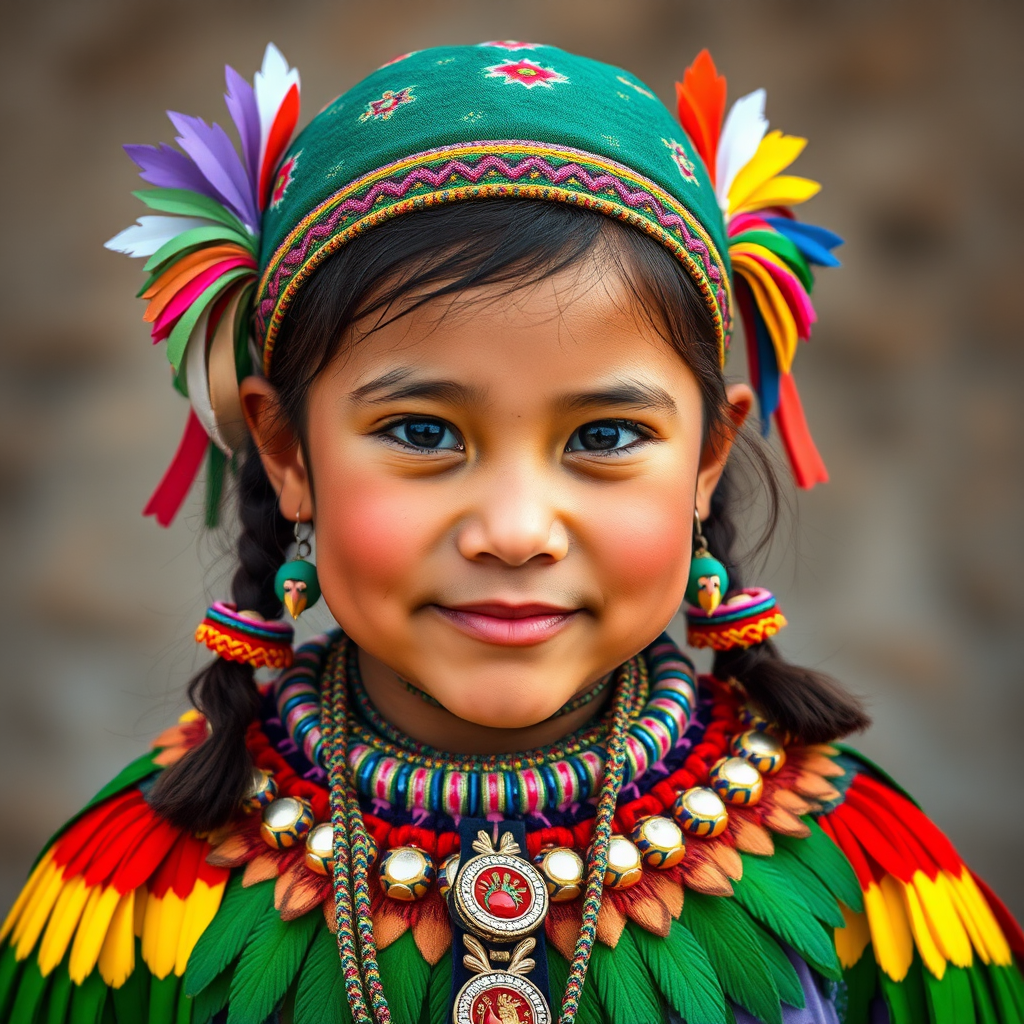 A beautiful Quechua girl, wearing colorful bird clothing with vibrant colors