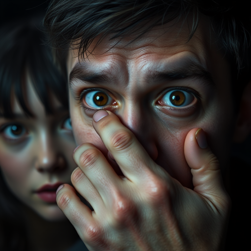 detailed edges, detailed image, perfection style, A cinematic detailed image of a surprised man covering his mouth with his hand in fear, movie themed, sharp, detailed background, epic cinematic photography, artistic style, dramatic light style, cinematic color style, Kodak 35mm film style, detailed style, hand focus style, 1girl, looking at viewer, black hair, 1boy, brown eyes, male focus, solo focus, blurry, black eyes, lips, fingernails, pov, black background, close-up, veins, realistic, pov hands, dark, hand on another's face, solo, simple background, tears, portrait, short hair, eye focus, eren yeager