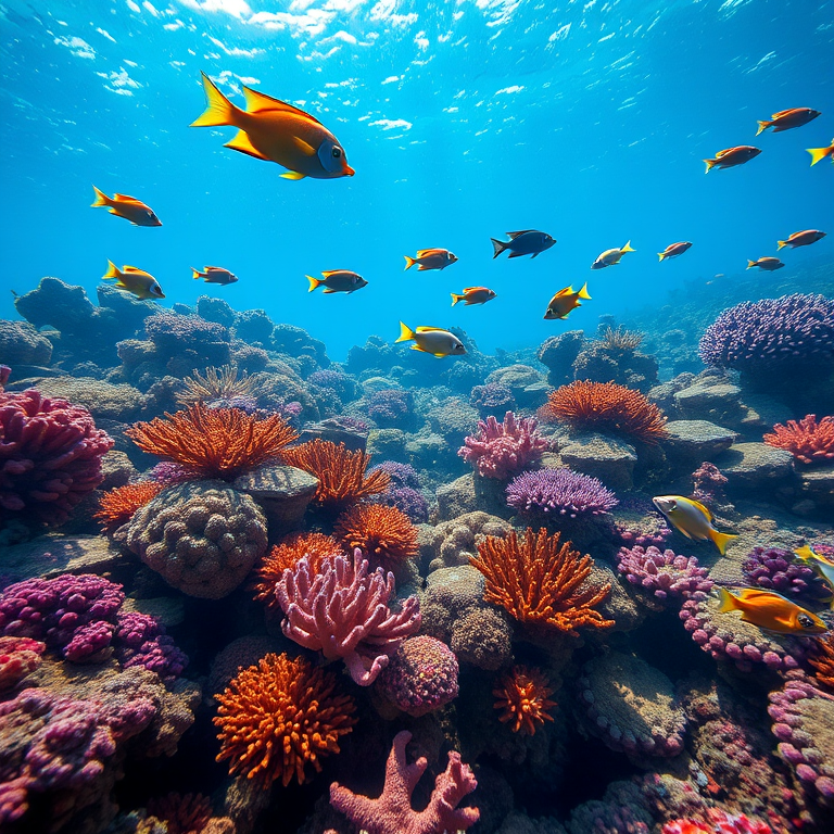 Underwater scene of colorful coral reefs with fish swimming among them, captured with a DSLR camera using a 50mm lens, aperture set to f/8, ISO 200, and a shutter speed of 1/125 sec, in vibrant color and high detail.