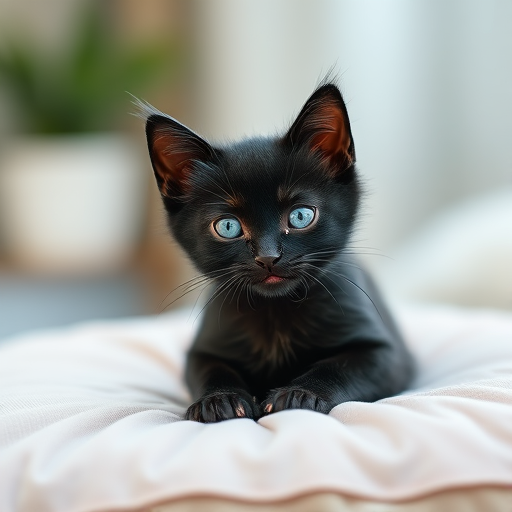 high-resolution image of a small, stylized black cat with a playful expression sitting on a soft pillow, natural light, f/2.8 aperture, 50mm lens, DSLR camera, shallow depth of field to create a blurred background
