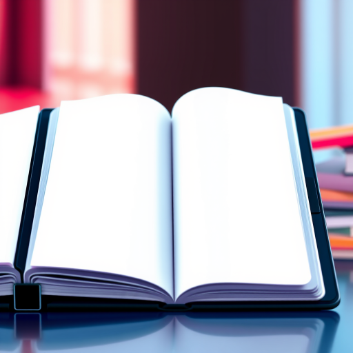 Create a vibrant illustration of an open binder with blank pages, using high contrast colors while emphasizing the 3D effect, captured with a DSLR camera at f/4.0, ISO 100, 50mm lens, and a shallow depth of field to enhance detail and focus.