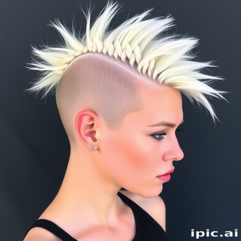 Icy platinum blonde hair styled in a braided mohawk with shaved sides, the Frozen Warrior style showcases bold creativity and fierce individuality