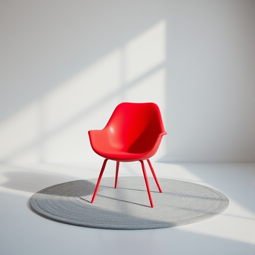 A minimalist red chair on a gray circular mat in a bright, airy room, taken with a DSLR camera at f/8, ISO 100, 1/60s, with a shallow depth of field and a slight tilt-shift effect, capturing a clean and modern aesthetic.