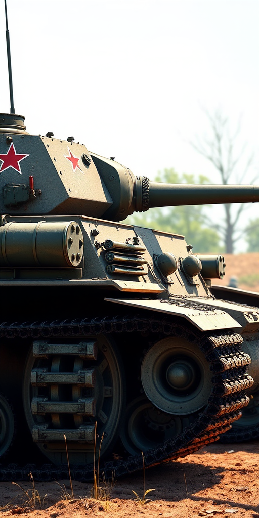 Generate a high-resolution illustration of a WWII tank side view, include intricate details on the armor and tracks, set in a bright outdoor environment, using a DSLR camera with f/8 aperture, ISO 100, and a 50mm lens for sharp focus and depth of field.