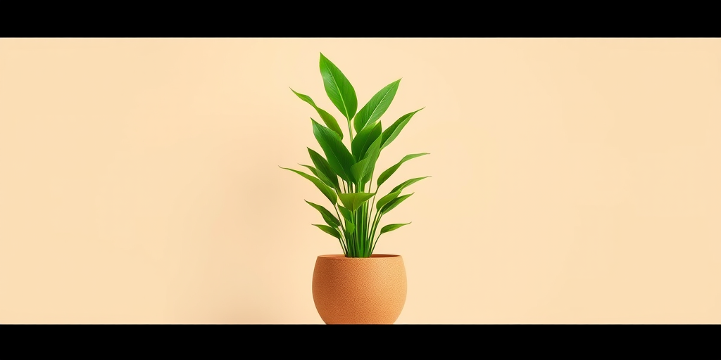 A digital illustration of a tall, vibrant green plant in a textured brown pot, set against a soft, minimalistic beige background, using 24mm lens, f/2.8 aperture, shallow depth of field for focus on the plant, shot with a mirrorless camera.