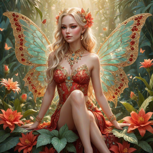 A digital artwork features a winged fairy with delicate Pineapple butterfly wings, adorned with intricate Mint andCream patterns. She is seated on a vibrant Vermilion flower, wearing a revealing red two-piece outfit with sparkling beadwork. Her fair skin, long blonde hair, and gold jewelry add to her ethereal appearance. The background is a warm, golden gradient, creating a magical atmosphere. Small glowing orbs and sparkles surround the flower, enhancing the enchanting, highly detailed, and realistic scene.