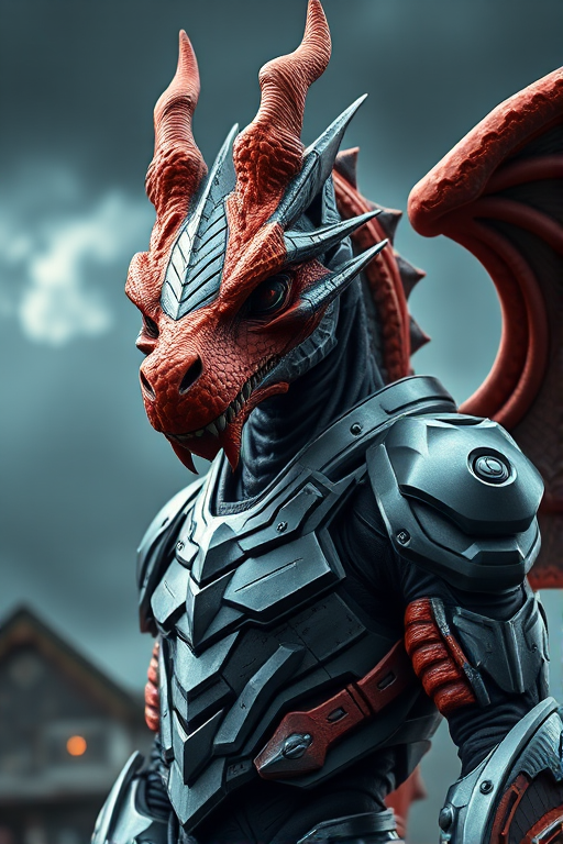 Create a highly detailed image of a futuristic dragon-like humanoid in an armored suit with a menacing expression, set against a dramatic stormy background, using a DSLR camera with a 50mm lens, f/2.8 aperture, ISO 100, and a shallow depth of field for enhanced focus and clarity.