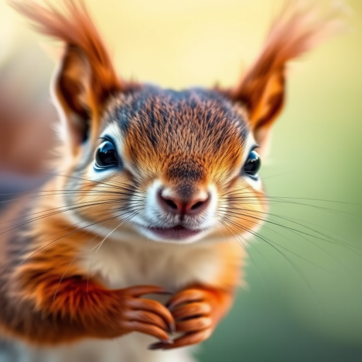 Capture a close-up portrait of a cute squirrel with vibrant fur details and expressive large eyes, using a DSLR camera with an aperture of f/2.8, ISO 200, shutter speed 1/100s, in natural soft lighting to enhance texture and color with a shallow depth of field.