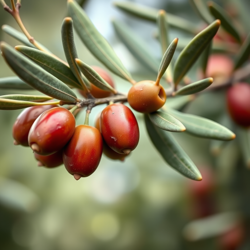 Generate a high-resolution image of an olive branch with ripe olives, using a macro lens at f/2.8 for shallow depth of field, shooting from a 45-degree angle, with vibrant colors and high contrast.