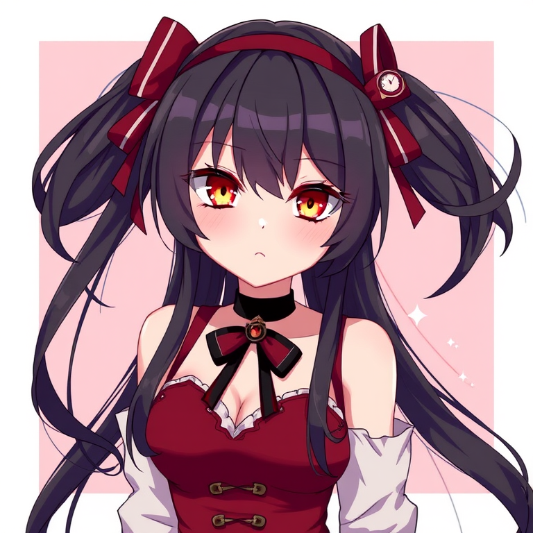 kurdef, long hair, black hair, twintails, hairband, red eyes, yellow eyes, clock eyes, heterochromia, bare shoulders, detached sleeves, choker, red dress, cleavage, bow,
