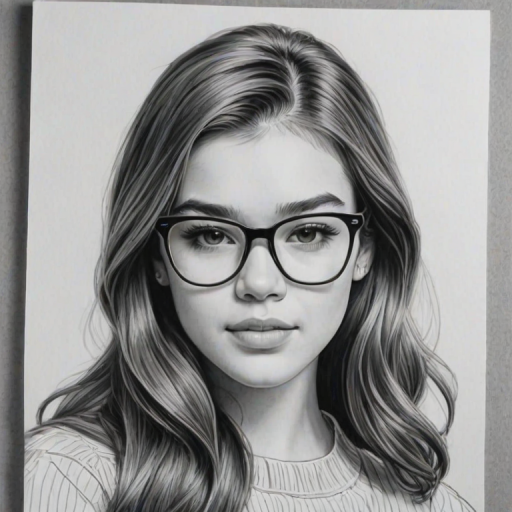 Pleasing Hailee Steinfeld, pencil sketch, portrait of Lovely woman 1958s in glasses, hair style beatnik, outline, clear lines, fine lines, 8k