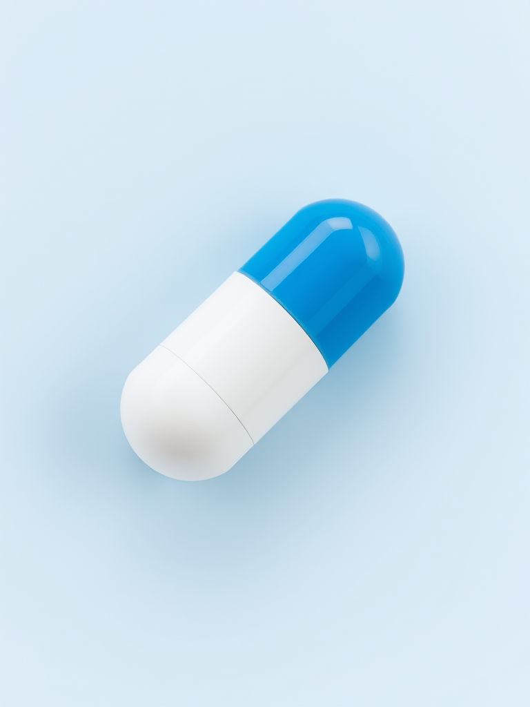Generate a high-resolution image of a blue and white capsule on a transparent background, shot with a 50mm lens, aperture f/2.8, ISO 100, using a macro photography style on a DSLR camera capturing top-down view.