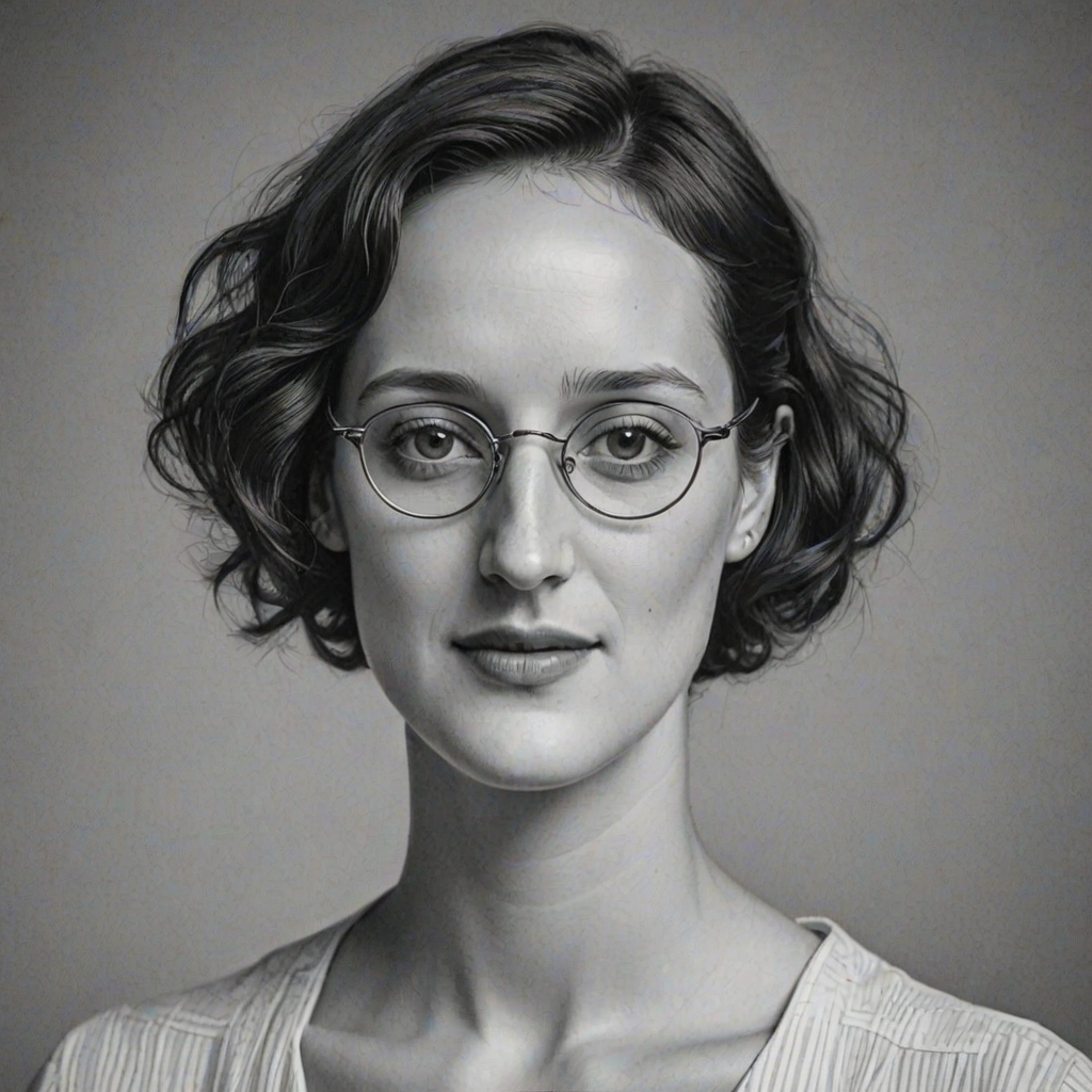 Beauteous Phoebe Waller-Bridge, pencil sketch, portrait of Magnificent woman 1932s in glasses, hair style beatnik, outline, clear lines, fine lines, 8k
