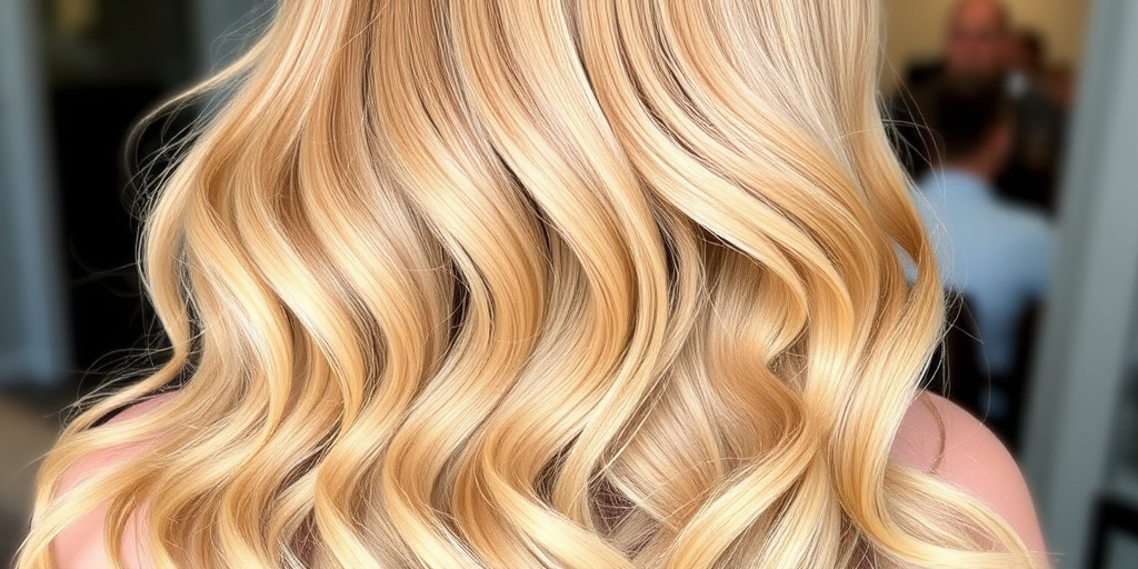 Radiant honey blonde mermaid waves, known as "Golden Cascade," flow gracefully down the back with subtle ombre effects and glossy shine