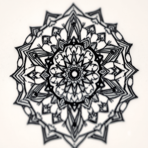 Intricate blackwork geometric tattoo called "Sacred Symmetry" showcasing a complex pattern of interconnected triangles, circles, and hexagons forming a mesmerizing mandala-like design, with bold solid black lines and precise dotwork shading creating depth and dimension in a striking monochromatic style