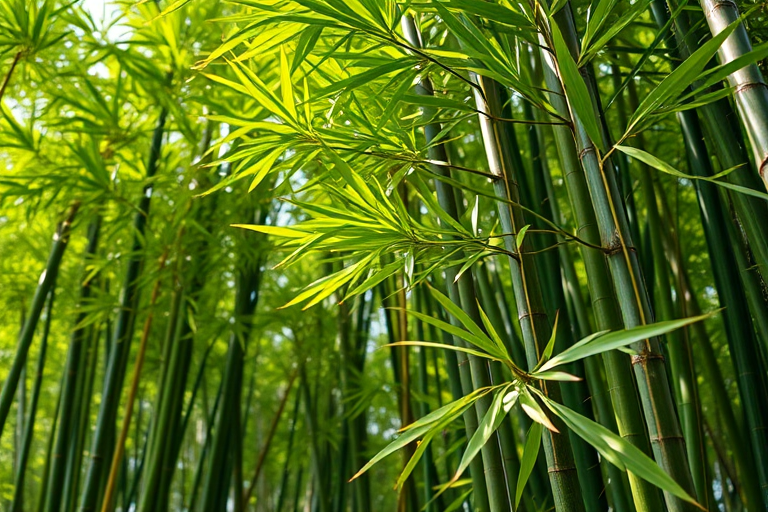 Generate a high-resolution image of bamboo plants with vibrant green leaves, 50mm lens, f/2.8 aperture, ISO 100, shot from a low angle in natural light using a DSLR camera.