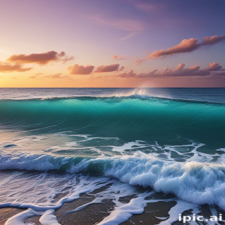 Majestic Sunset Over the Ocean with Gentle Waves and Soft Clouds