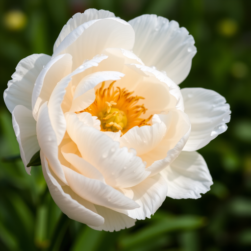 Capture a close-up of a white peony flower with dewdrops glistening on its petals, using a DSLR camera, 50mm lens, aperture f/2.8, ISO 100, natural lighting, and a shallow depth of field focused on the flower, with a blurred green background to enhance image quality.