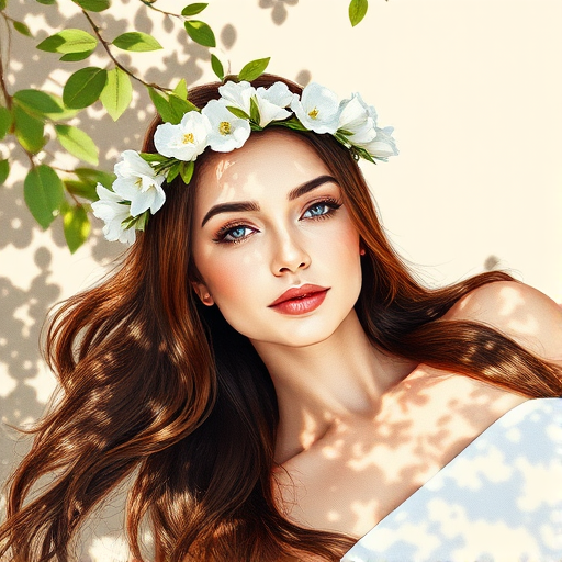 create a watercolor painting of an ethereal portrait of beautiful Turkish woman with a simple white flower crown on her head. Her hair is long and she is lying on the ground. The sunlight on the trees casts shadows from the leaves on her face and body. The background is a neutral brown color that matches her skin tone. The image is minimalist and solid colors. This style is characterized by soft, delicate brushstrokes and a light, airy, contrasting color palette. High level of detail and play of light