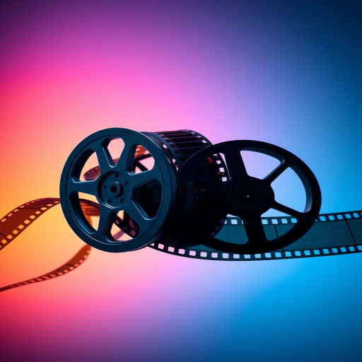Create a digital artwork of overlapping film reels and vintage film strips against a gradient background transitioning from blue to orange, using a DSLR camera with a 50mm lens, aperture f/2.8, ISO 100, and a shallow depth of field to enhance clarity and focus on the reels, captured in a cinematic style.