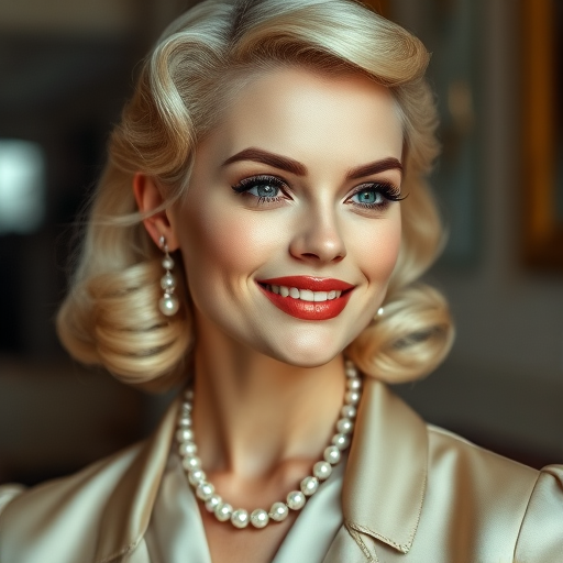 A beautiful Caucasian woman reminiscent of 1950s Hollywood glamour, with perfectly styled blonde hair and a seductive smile, dressed in a satin blouse and adorned with pearls, soft and warm tones, photorealistic, 8K