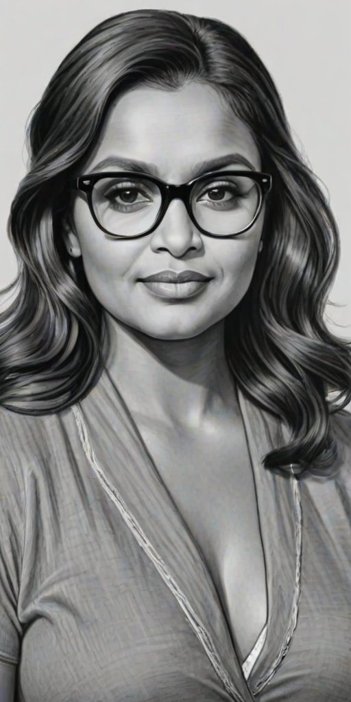 Delightful Mindy Kaling, pencil sketch, portrait of Beauteous woman 1945s in glasses, hair style beatnik, outline, clear lines, fine lines, 8k