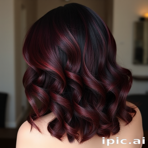 Sultry dark burgundy waves cascade down the back, featuring subtle crimson highlights and styled in a glamorous old Hollywood-inspired side sweep