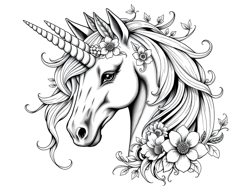 Create a highly detailed, black and white illustration of a unicorn's head adorned with flowing hair and surrounded by intricate floral designs, captured with a DSLR camera at f/2.8 aperture, 50mm lens, ISO 100, in a studio lighting setup for enhanced clarity and texture.