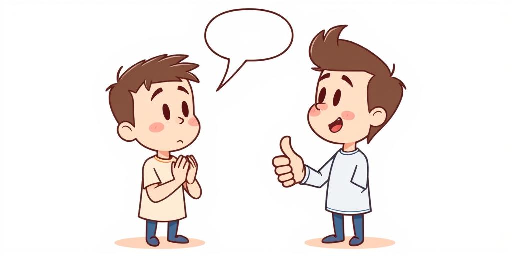 Create an illustration of two cartoon characters engaged in conversation, one with hands clasped in a pleading gesture and the other giving a thumbs up, with a speech bubble above, using a digital drawing style, 300 DPI resolution, with a soft pastel color palette, captured with a Wacom tablet and Adobe Illustrator, in a clean and minimalistic layout.