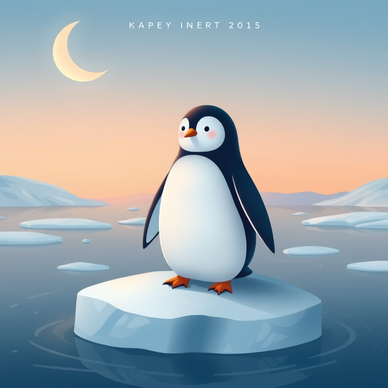 create a whimsical illustration of a penguin standing on an ice floe under a crescent moon, soft pastel colors, 35mm lens, f/2.8 aperture, natural lighting, frontal view, digital art style