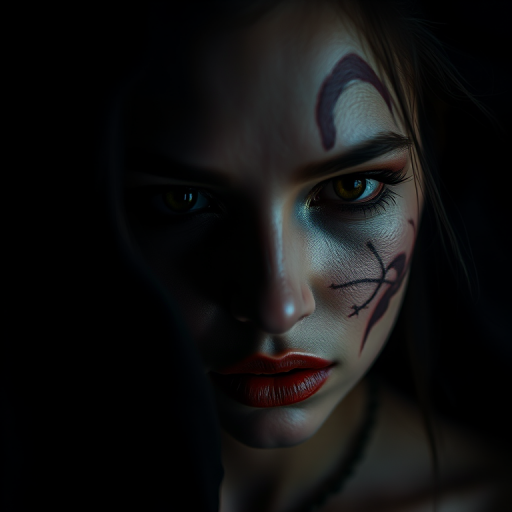 Create a dramatic portrait of a woman with intricate face makeup resembling scars in low light, shot with a Canon EOS R5, 85mm lens, aperture f/1.8, ISO 200, shutter speed 1/100s, using a moody, high-contrast style.