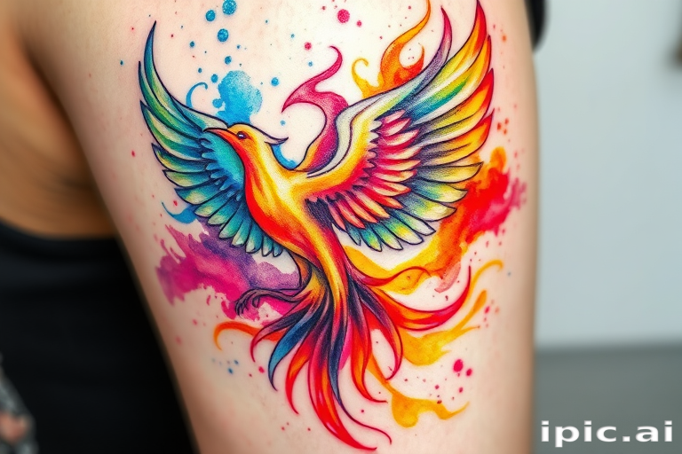 Vibrant watercolor tattoo named "Rainbow Phoenix" featuring a majestic bird rising from swirling flames in a burst of vivid hues, incorporating delicate brushstrokes and splatter effects for a dreamy ethereal appearance