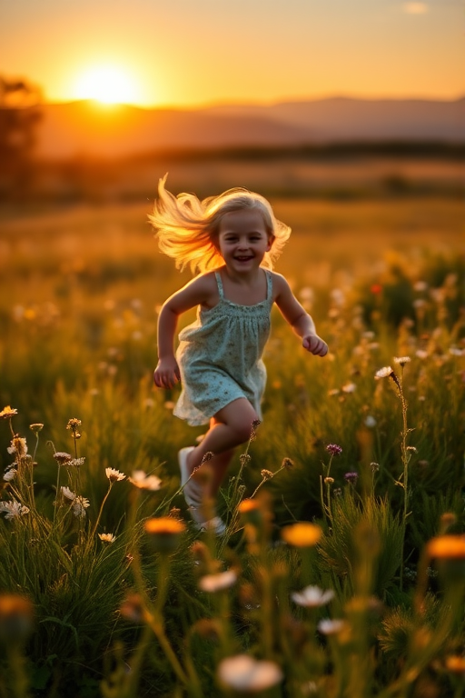 Blurry, fast-paced photo of a child running through a field of wildflowers at sunset, their laughter frozen in the moment, the golden light of the setting sun casting long shadows on the grass, a soft breeze rustling the flowers, distant mountains visible on the horizon.