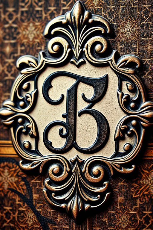 Create a high-resolution image of an intricate vintage emblem featuring ornate swirls and a stylized letter design, using a DSLR camera with a 50mm lens, aperture set to f/2.8, shutter speed of 1/200 sec, ISO 100, and a soft focus background for emphasis.
