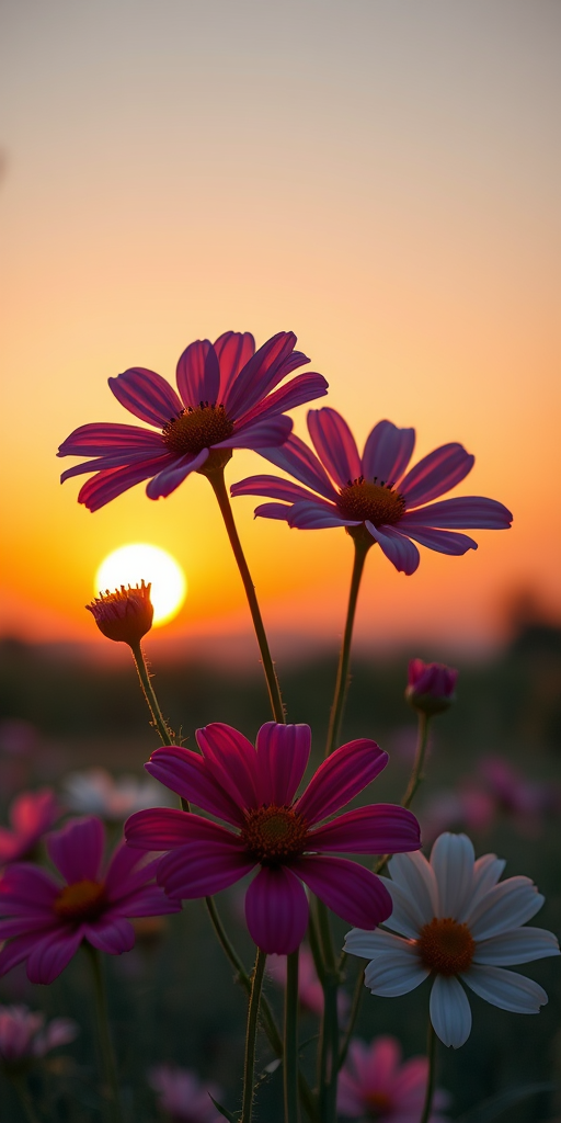 regenerate a digital illustration of stylized flowers against a gradient sunset background, use a wide-angle view, set aperture to f/8 for sharp depth of field, ISO 100 for clarity, digital illustration style, enhance colors for vibrancy, use 4K resolution for high detail