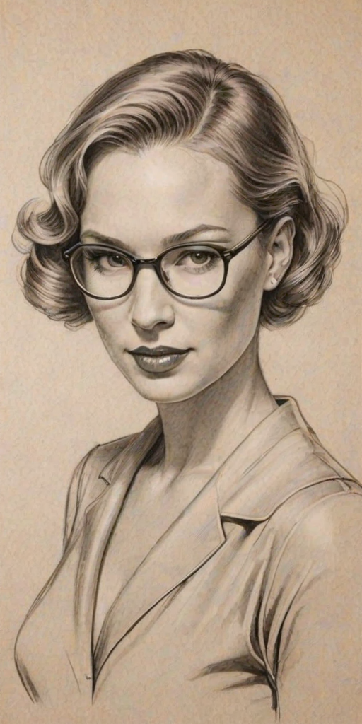 Fetching Rene' Zellweger, pencil sketch, portrait of Elegant woman 1930s in glasses, hair style beatnik, outline, clear lines, fine lines, 8k