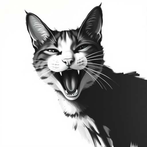 Abstract black and white acrylic portrait of an over exaggerated laughing (cat). Minimalism style. White background.