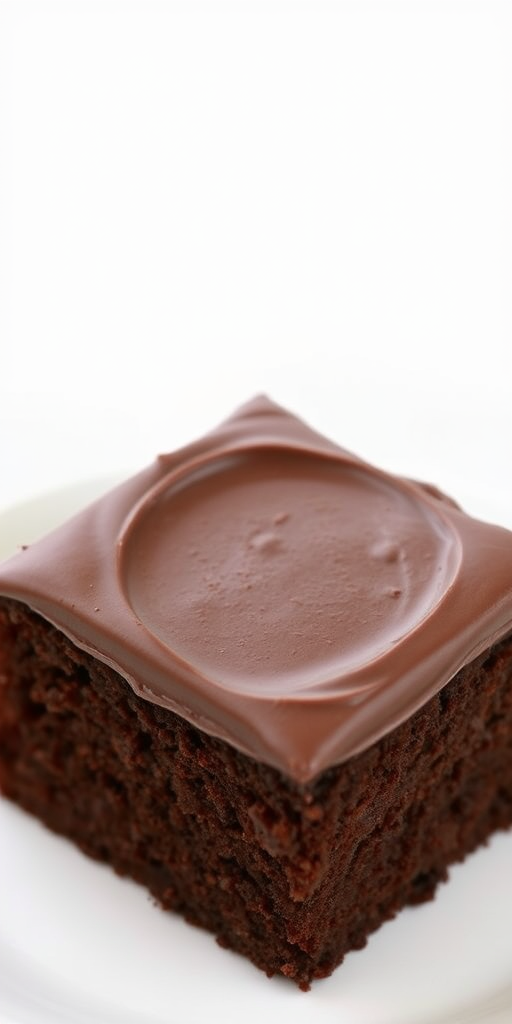 Chocolate cake with smooth chocolate frosting on top, square piece on a white plate, soft texture, rich dark color, simple presentation, appetizing and inviting.