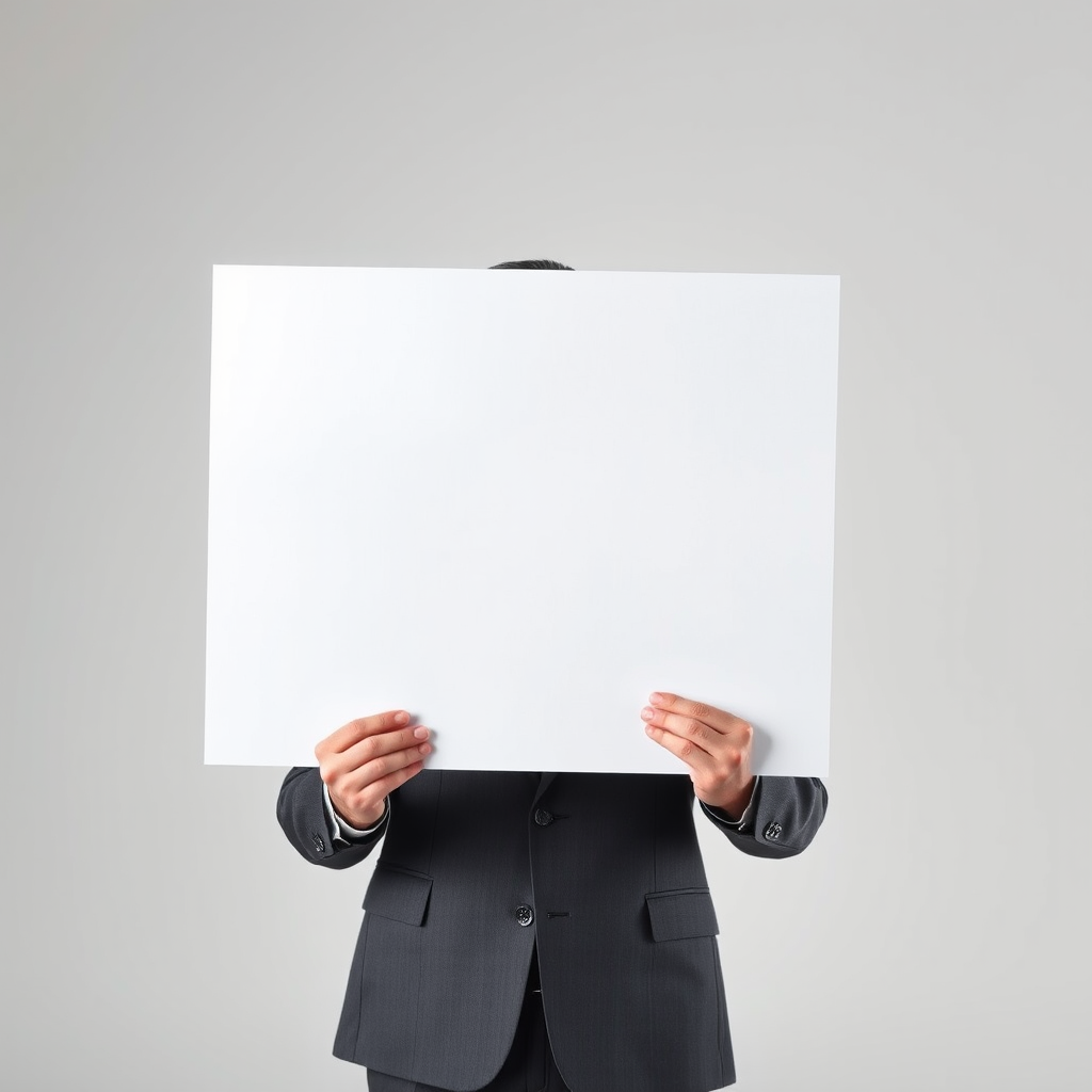 create an image of a person in a business suit holding a large blank sign in front of their face, with only their hands visible, in a studio environment