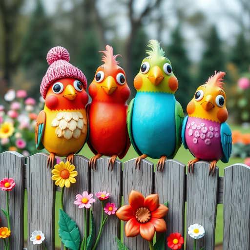 create a scene of 4 quirky  whimsical colourful comical birds each with a funny expression. they are sat on a wooden fence with colourful flowers. they are all different sizes. each one is a different colour  one is wearing a woolly hat. Each one has a different quirky google expression and there is a muted background of trees watercolour paintierly style high definition 8k resolution 3D paper mache