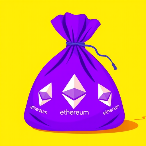 create a digital illustration of a purple money bag with Ethereum logos, set against a bright yellow background, using a Canon EOS 5D Mark IV, 50mm lens, aperture f/2.8, ISO 100, and vibrant colors for enhanced clarity and depth.