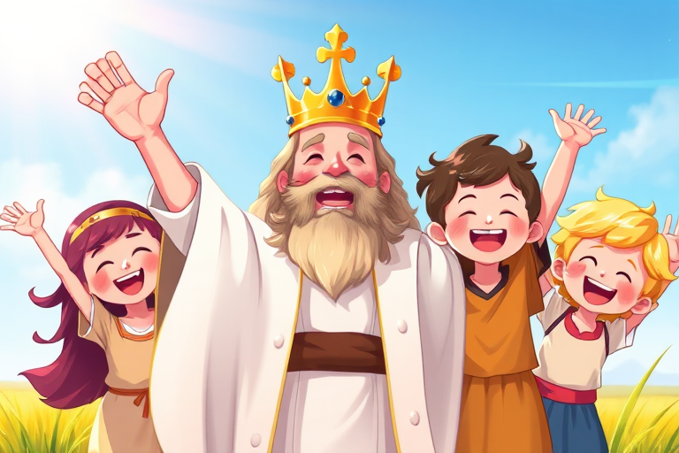 Create a colorful and vibrant illustration of a joyful scene featuring a kingly figure in a white robe with a golden crown, surrounded by five cheerful children with varying hairstyles and skin tones, all raising their arms in celebration, captured in a digital art style using a high-resolution setting with a wide aperture for depth of field and a vibrant color saturation.